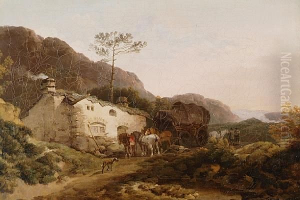 Travellers Before An Country Inn Oil Painting by Julius Caesar Ibbetson