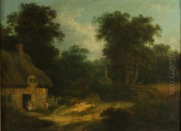 Cottage In A Woodland Clearing With Figures In The Doorway Oil Painting by Julius Caesar Ibbetson