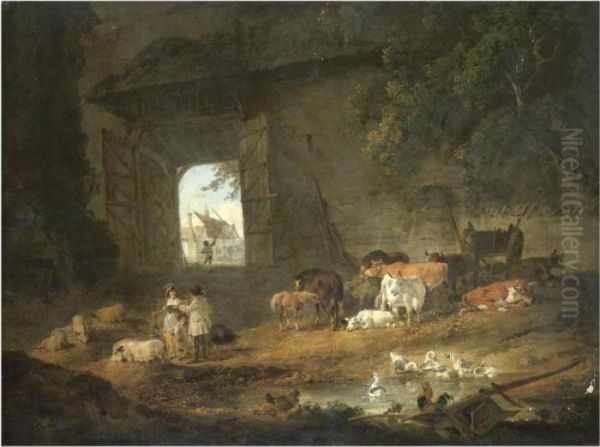 Figures And Livestock In A Barn, Wales Oil Painting by Julius Caesar Ibbetson