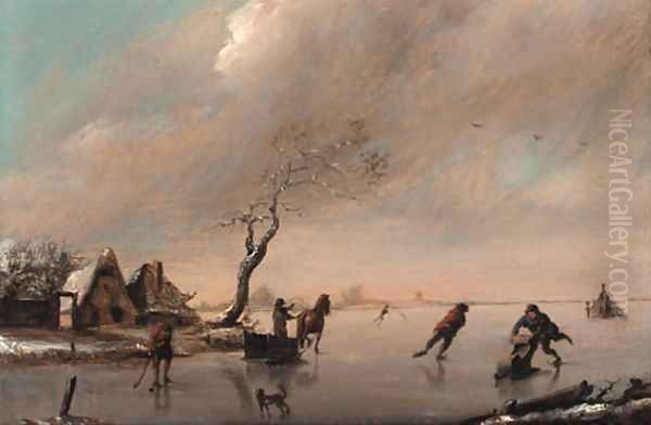 Figures on a frozen lake Oil Painting by Claes Molenaar (see Molenaer)