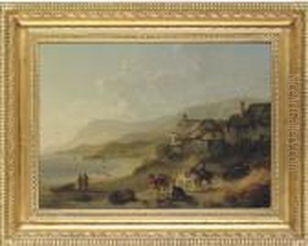 A Coastal Landscape With Figures And Horses On A Beach Oil Painting by Julius Caesar Ibbetson