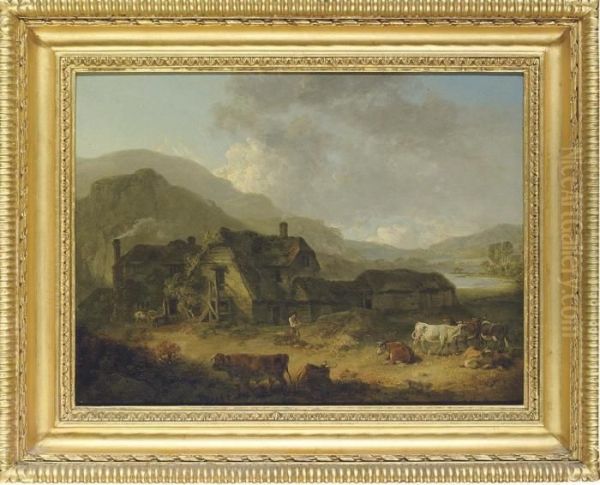 Mountainous Landscape With A Farm And Cattle Oil Painting by Julius Caesar Ibbetson