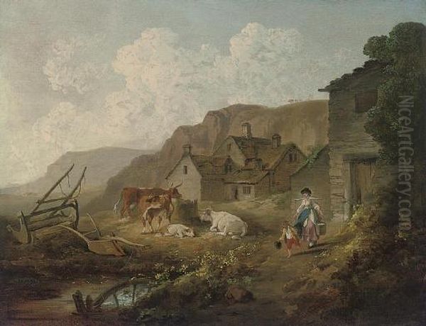 A Wooded River Landscape With A Milkmaid And Cattle By A Cottage Oil Painting by Julius Caesar Ibbetson