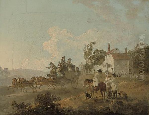 A Landscape With Travellers In A Horse-drawn Carriage, And Figures Conversing By A Track Oil Painting by Julius Caesar Ibbetson