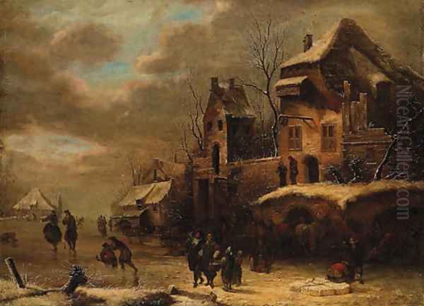 Figures on a frozen Waterway by a Town Oil Painting by Claes Molenaar (see Molenaer)