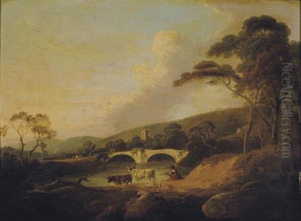 Cows Near A River And Bridge Beyond Oil Painting by Julius Caesar Ibbetson