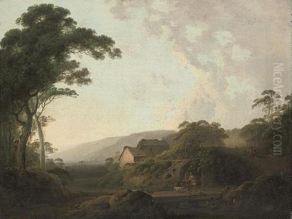 An Extensive Wooded Landscape 
Near Masham, Yorkshire, With Travellers On A Track, By A Mill Oil Painting by Julius Caesar Ibbetson