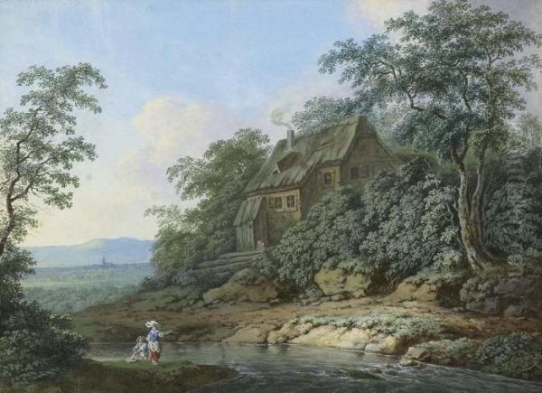 Landschaft Mit Einem Haus Am Fluss Und Figuren. Oil Painting by Julius Caesar Ibbetson