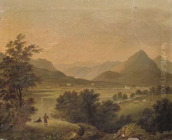 A View Of Grasmere, Westmorland,
 With Figures Fishing In The Foreground And Cattle Beyond Oil Painting by Julius Caesar Ibbetson