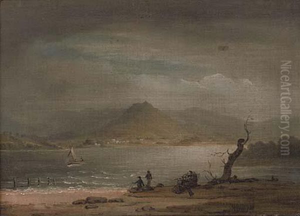 A Lake-side Landscape With 
Figures In The Foreground And Hills Beyond, Possibly Grasmere, 
Westmoreland Oil Painting by Julius Caesar Ibbetson