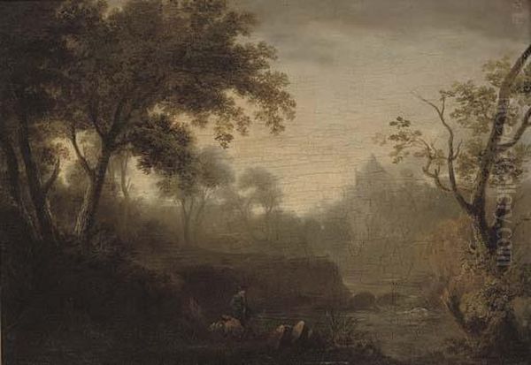 View Of Hawthornden Castle With Figures By The River North Esk In The Foreground Oil Painting by Julius Caesar Ibbetson