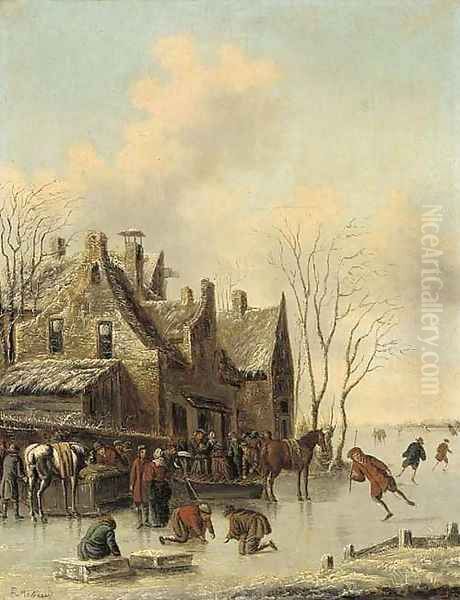 A frozen river by a town with skaters and townsfolk Oil Painting by Claes Molenaar (see Molenaer)