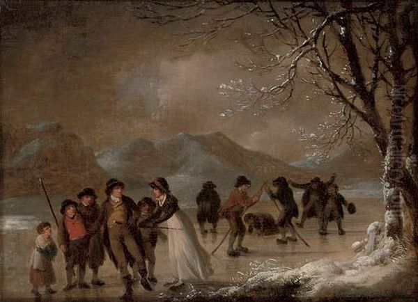 Skating In The Lake District Oil Painting by Julius Caesar Ibbetson