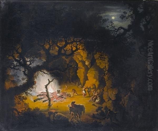 Peasants Merrymaking Beside A Campfire At The Mouth Of A Cave Oil Painting by Julius Caesar Ibbetson