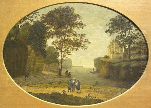 Figures By A Harbour In A Classical Landscape Oil On Tin, Oval, 56cm By 78.5cm Oil Painting by Julius Caesar Ibbetson