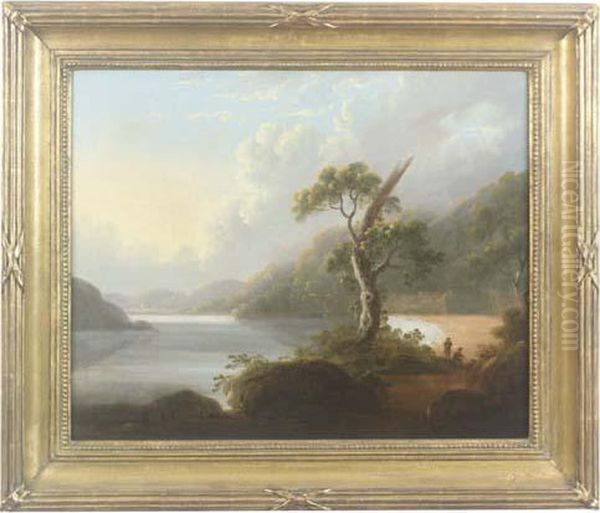 Figures In An Extensive Lakeland Landscape Oil Painting by Julius Caesar Ibbetson