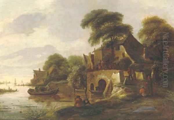 A river landscape with peasants gathered on a bridge in a village, a lake with sailing vessels beyond Oil Painting by Claes Molenaar (see Molenaer)