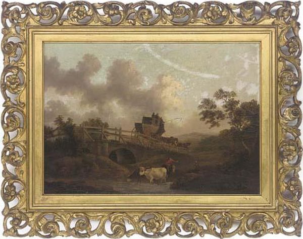 Cattle Watering In A River With A Stagecoach Crossing A Bridge Beyond Oil Painting by Julius Caesar Ibbetson