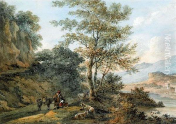 Travellers Conversing At The Wayside Oil Painting by Julius Caesar Ibbetson