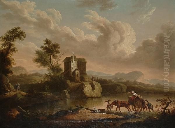 An Extensive Landscape With Figures Fording A River, Travellers On A Path Beyond. Oil Painting by Julius Caesar Ibbetson