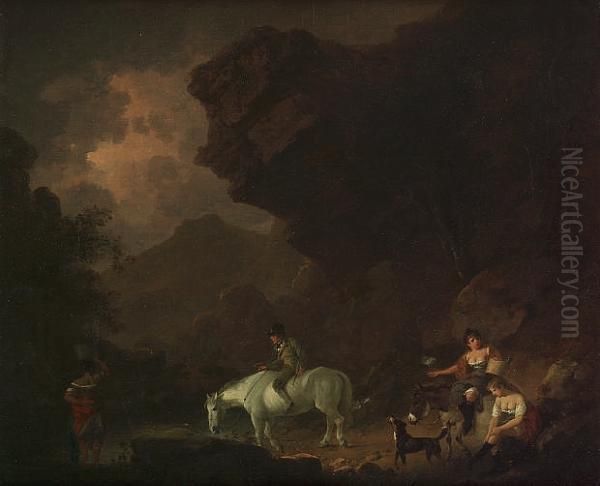 A Traveller Watering His Horse At A Stream With Washerwomen Nearby Oil Painting by Julius Caesar Ibbetson