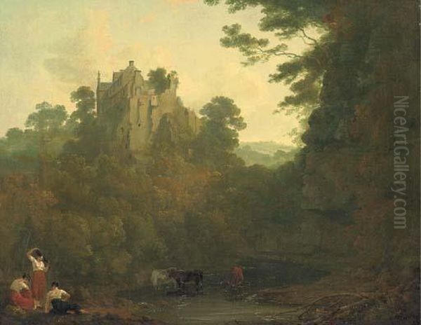 View Of Hawthornden Castle With Cattle Drinking At A River And Figures In The Foreground Oil Painting by Julius Caesar Ibbetson