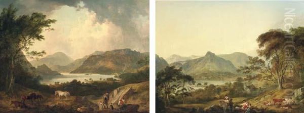 View Of Ullswater, Cumberland, 
Taken From Gowbarrow Park; And View Of Grasmere, Westmoreland, Taken 
From White Moss Oil Painting by Julius Caesar Ibbetson