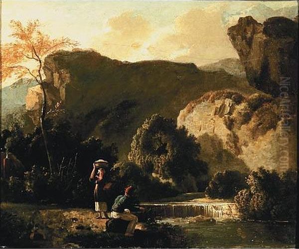 A River Landscape With A Washerwoman And A Fisherman Conversing By A Waterfall Oil Painting by Julius Caesar Ibbetson