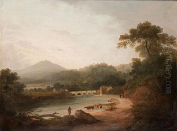 Figures And Cattle By A River Oil Painting by Julius Caesar Ibbetson