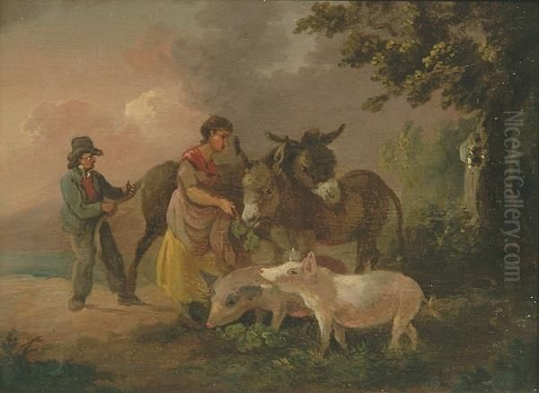 Figures Feeding Donkeys And Pigs Oil Painting by Julius Caesar Ibbetson