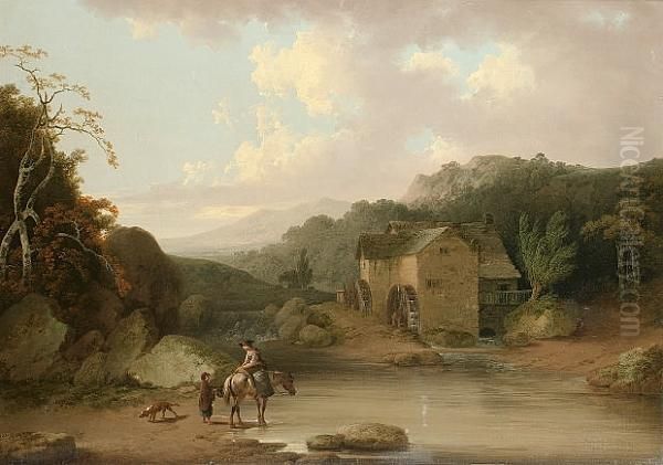 Figures Watering A Horse With A Mill Beyond Oil Painting by Julius Caesar Ibbetson