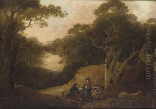 Figures Resting In A Woodland Glade Oil Painting by Julius Caesar Ibbetson