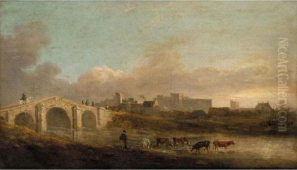 View Of Middleham Castle, Yorkshire With A Drover And Her Cattle In The Foreground Oil Painting by Julius Caesar Ibbetson