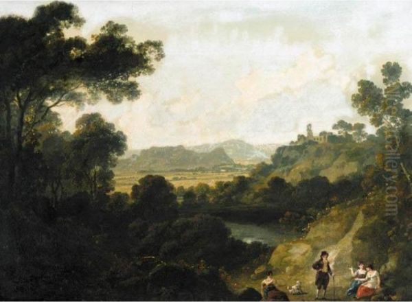 A Distant View Of Llantrisant 
Castle, Glamorganshire, With Figures Seated In The Foreground Oil Painting by Julius Caesar Ibbetson