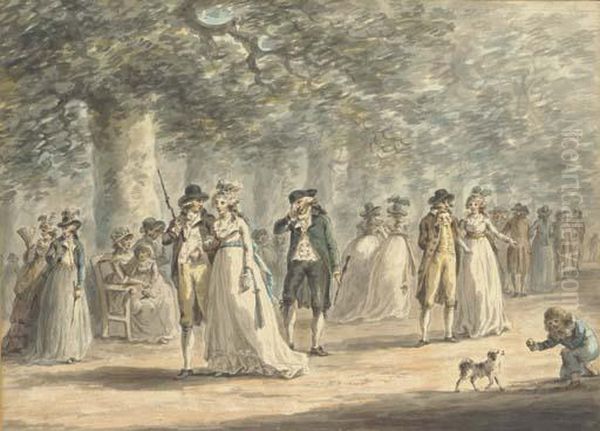 Fashionable Figures Promenading On The Mall, London Oil Painting by Julius Caesar Ibbetson