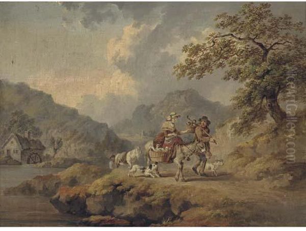 Peasants Travelling To Market With Geese And Chickens Oil Painting by Julius Caesar Ibbetson