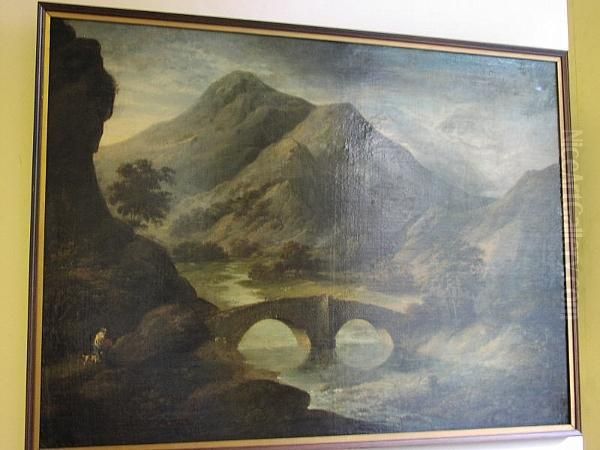 Figures By A Stone Bridge In An Extensive Mountain And River Landscape, Oil On Canvas Oil Painting by Julius Caesar Ibbetson