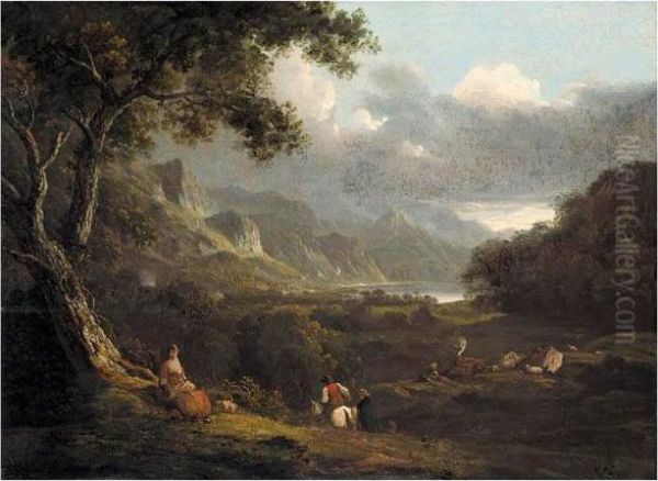 An Extensive Landscape, Possibly
 A View Of The Lake District, With Figures In The Foreground Oil Painting by Julius Caesar Ibbetson