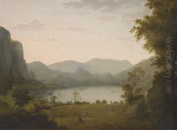 Figures Conversing In A Lake Landscape Oil Painting by Julius Caesar Ibbetson