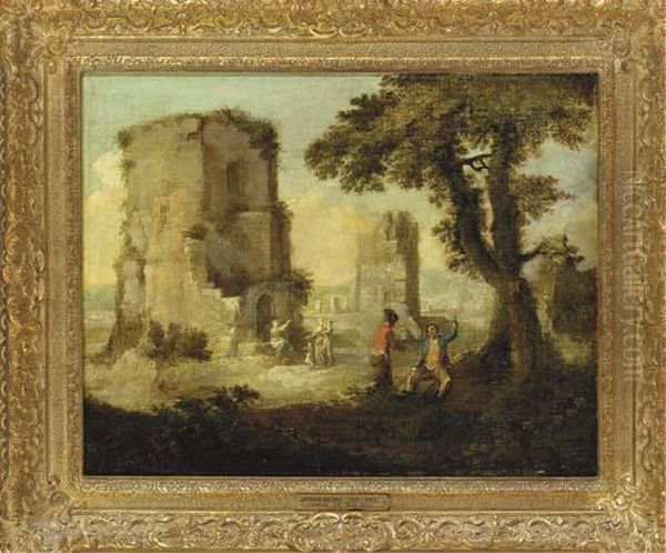 Figures Amongst Ruins In A Landscape Oil Painting by Julius Caesar Ibbetson