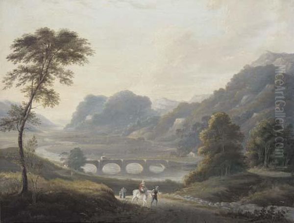 Travellers On A Track In A River Landscape Oil Painting by Julius Caesar Ibbetson