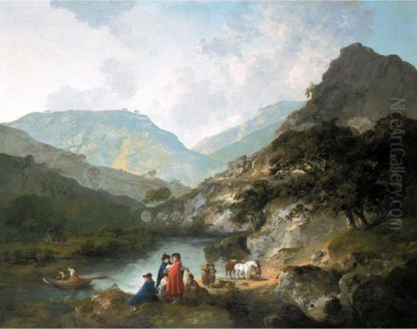 The Salmon Fishery At Pont Aberglaslyn, North Wales Oil Painting by Julius Caesar Ibbetson