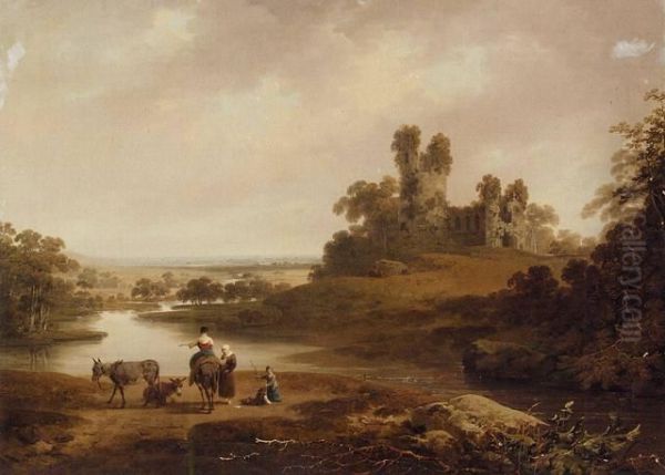 River Landscape Oil Painting by Julius Caesar Ibbetson