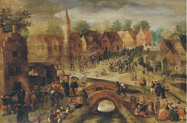 A village kermesse Oil Painting by Gillis Mostaert