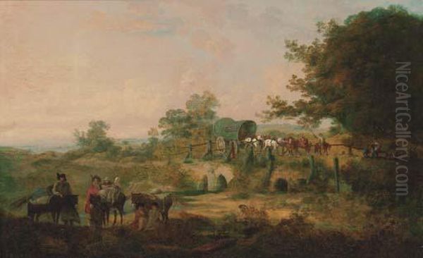 Travellers Resting In A Wooded River Landscape Oil Painting by Julius Caesar Ibbetson