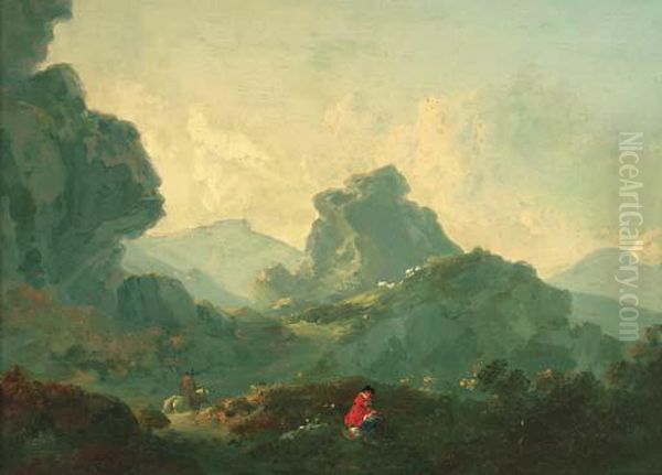 A Horseman And A Resting Figure In A Mountainous Landscape Oil Painting by Julius Caesar Ibbetson