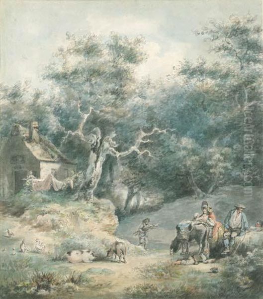 Peasants In A Wooded Landscape Oil Painting by Julius Caesar Ibbetson