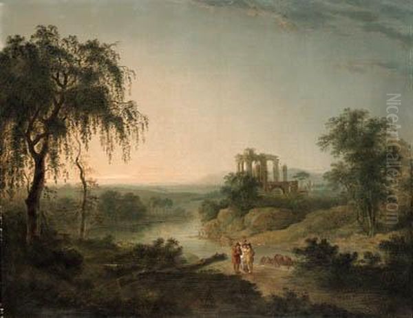 A Ruined Abbey With Figures In 
The Foreground; And A Riverlandscape, With Figures In The Foreground And
 A Ruined Abbeybeyond Oil Painting by Julius Caesar Ibbetson