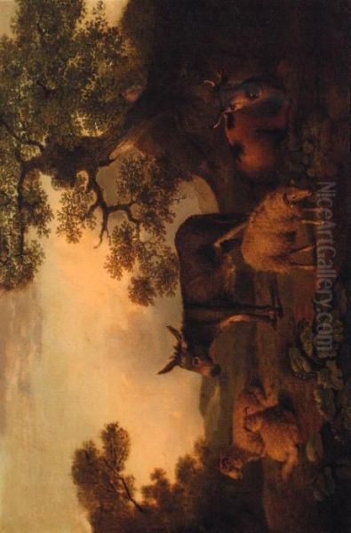 Sheep, A Donkey, And A Cow, Resting In A Landscape Oil Painting by Julius Caesar Ibbetson