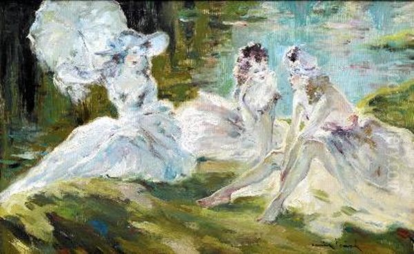 Drei Junge Frauen Am See Oil Painting by Louis Icart